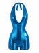 Shiny blue Romper with a halter neck design on a white background