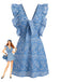 Blue 1970s Paisley Embroidered Ruffle V-Neck Dress