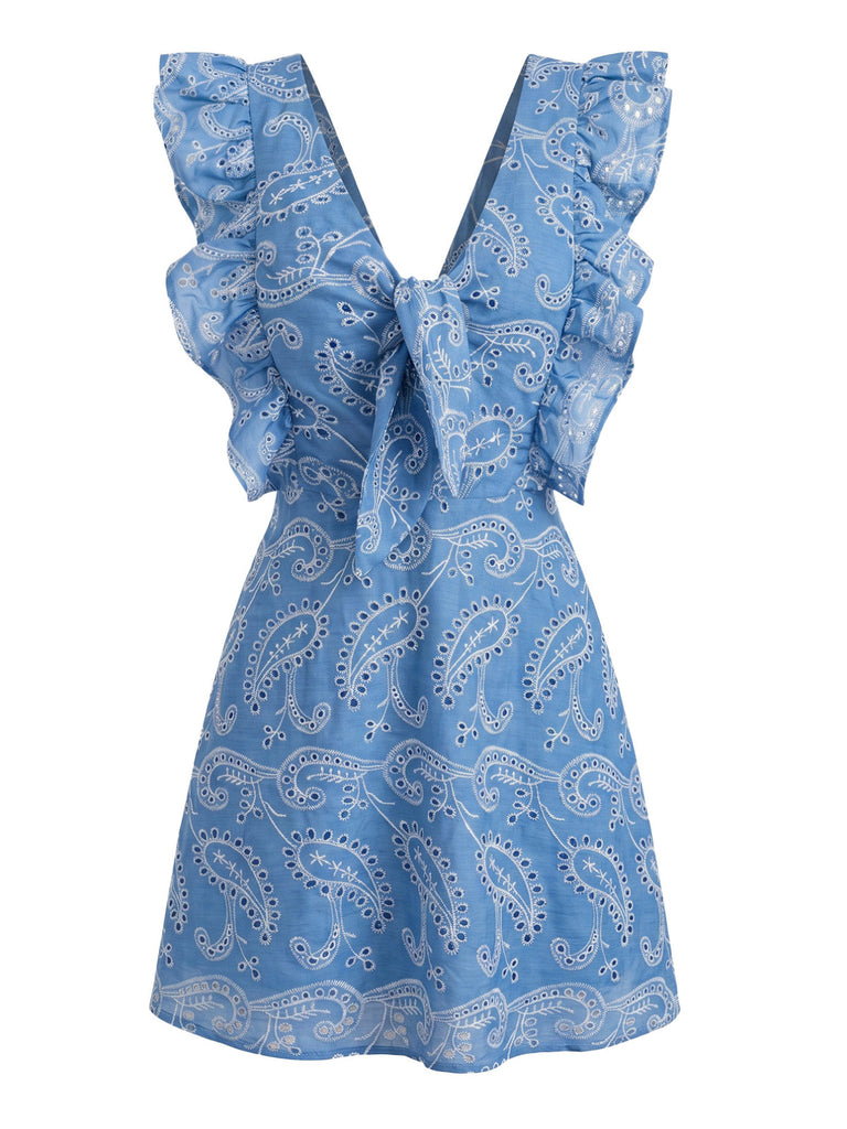 Blue 1970s Paisley Embroidered Ruffle V-Neck Dress 3