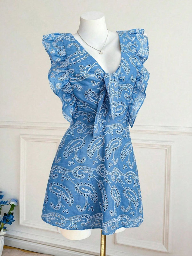 Blue 1970s Paisley Embroidered Ruffle V-Neck Dress 8