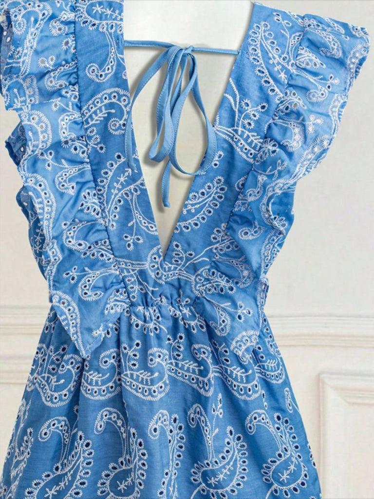 Blue 1970s Paisley Embroidered Ruffle V-Neck Dress 6