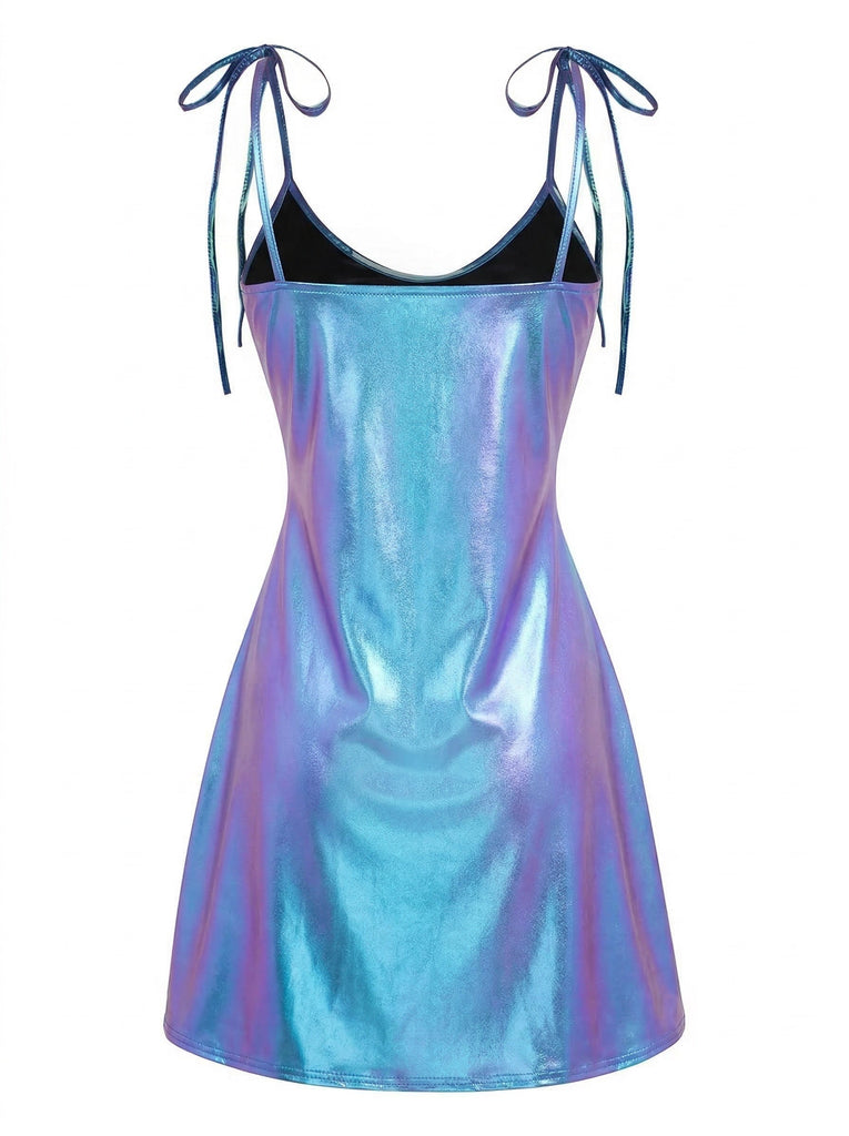 Blue 1970s Patent Leather Spaghetti Strap Mini Dress: beautiful vintage dress, retro fashion, elegant style with timeless appeal