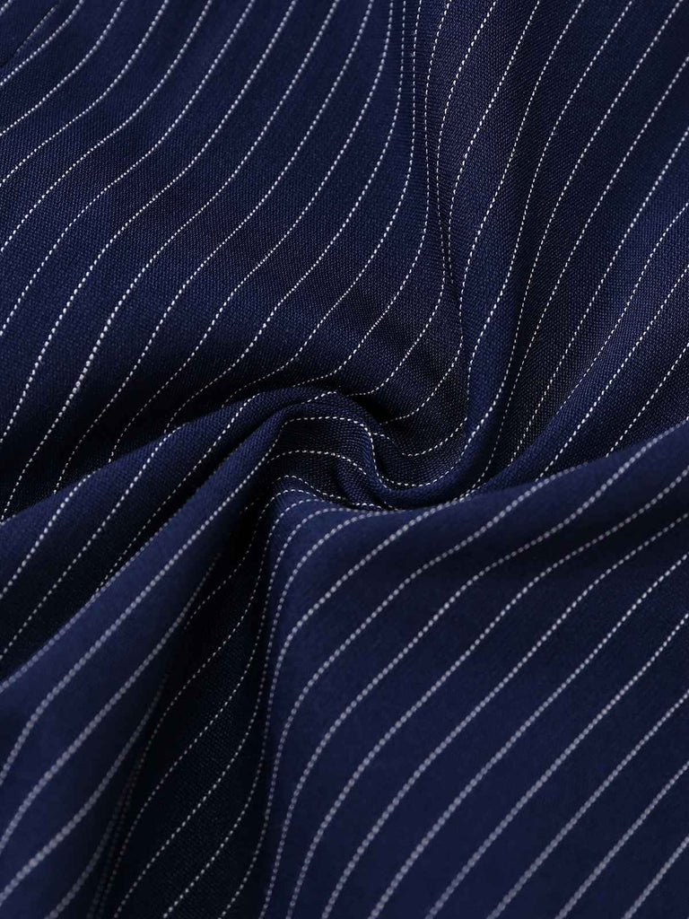 Blue 1970s Pinstripe Pleated Shirt Collar Dress - vintage dress, retro fashion