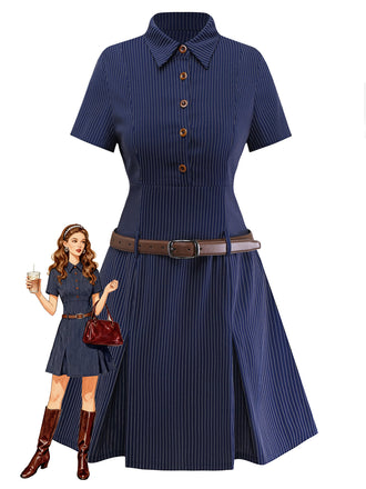 Blue 1970s Pinstripe Pleated Shirt Collar Dress - vintage dress, retro fashion