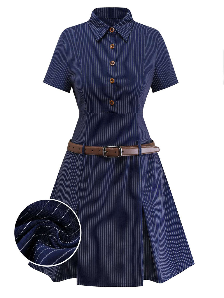 Womens Shirt Collar Pinstripe Pleated Belted Mini Dress Blue Womens Shirt Collar Pinstripe Pleated Belted Mini Dress Blue