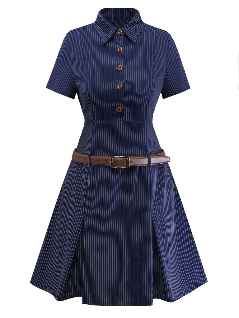 Blue 1970s Pinstripe Pleated Shirt Collar Dress - vintage dress, retro fashion