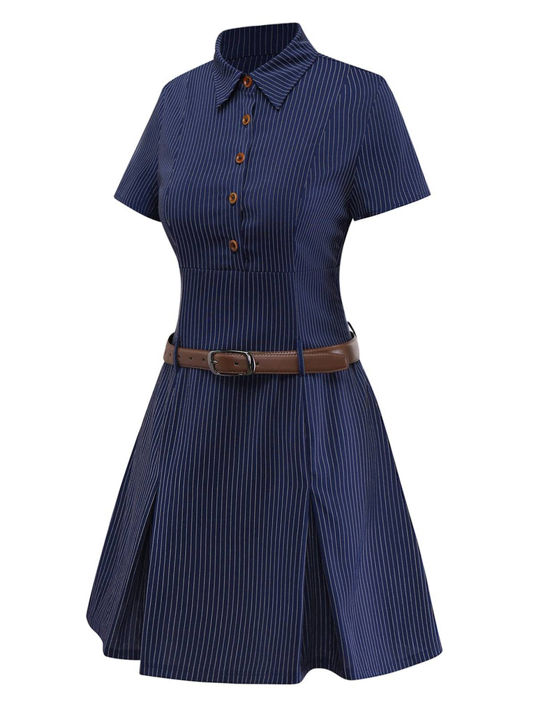 Women‘s Shirt Collar Pinstripe Pleated Belted Mini Dress Blue Women‘s Shirt Collar Pinstripe Pleated Belted Mini Dress Blue