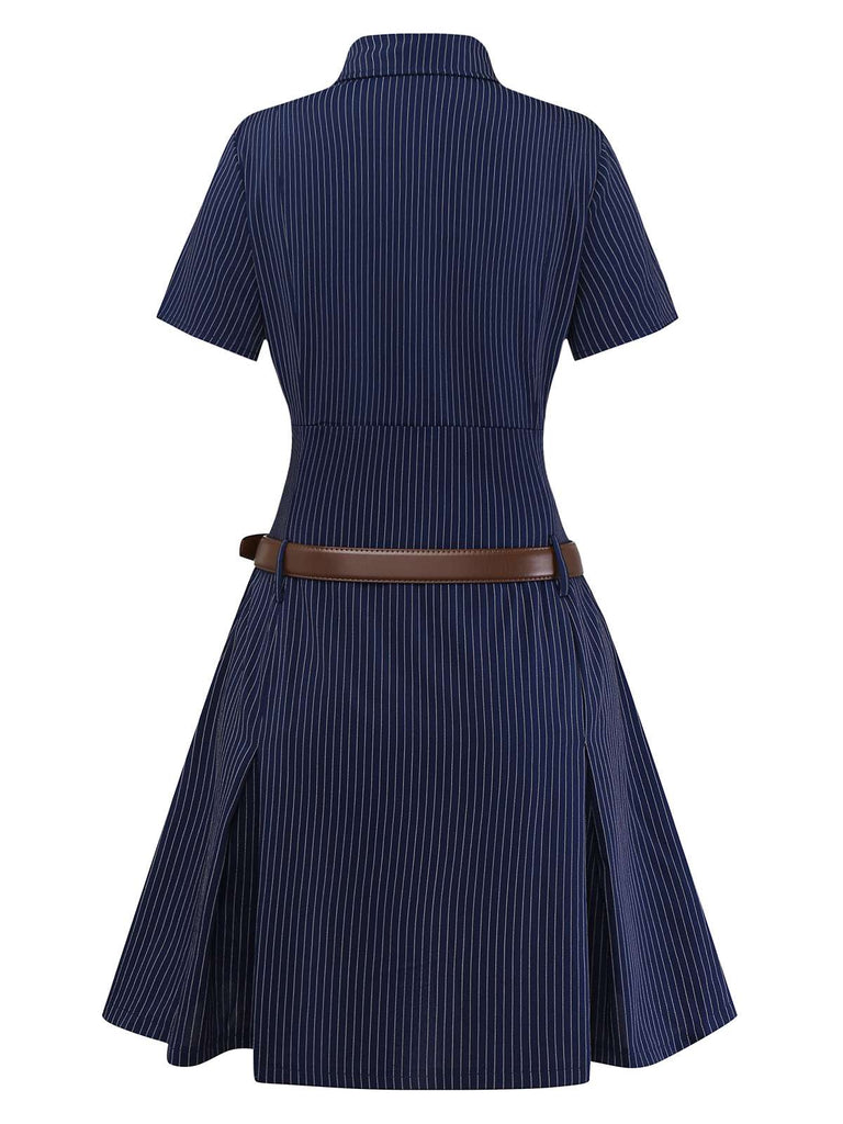 Women‘s Shirt Collar Pinstripe Pleated Belted Mini Dress Blue Women‘s Shirt Collar Pinstripe Pleated Belted Mini Dress Blue