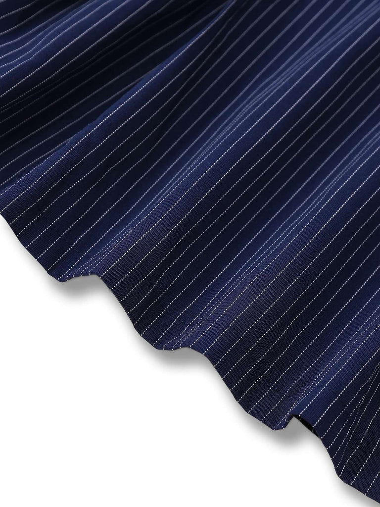 Blue 1970s Pinstripe Pleated Shirt Collar Dress - vintage dress, retro fashion