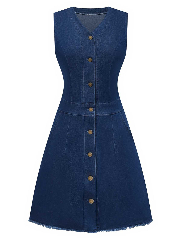 Blue 1970s Pockets Sleeveless A-Line Denim Dress - vintage dress, retro fashion