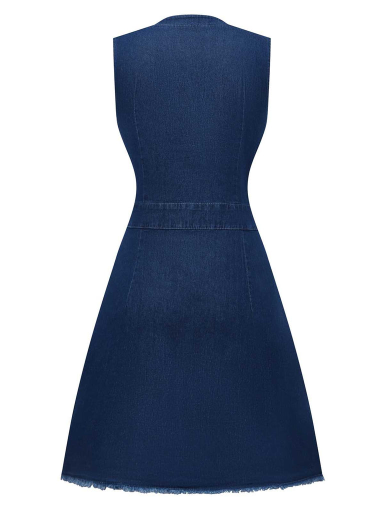 Blue 1970s Pockets Sleeveless A-Line Denim Dress - vintage dress, retro fashion