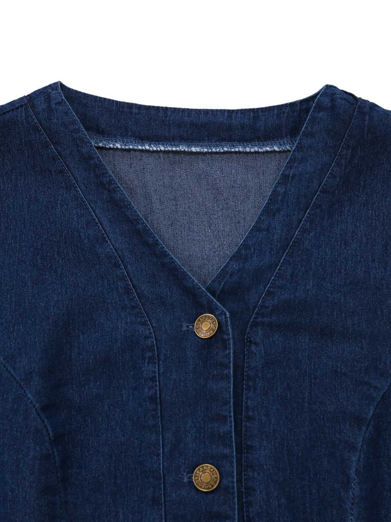 Blue 1970s Pockets Sleeveless A-Line Denim Dress - vintage dress, retro fashion