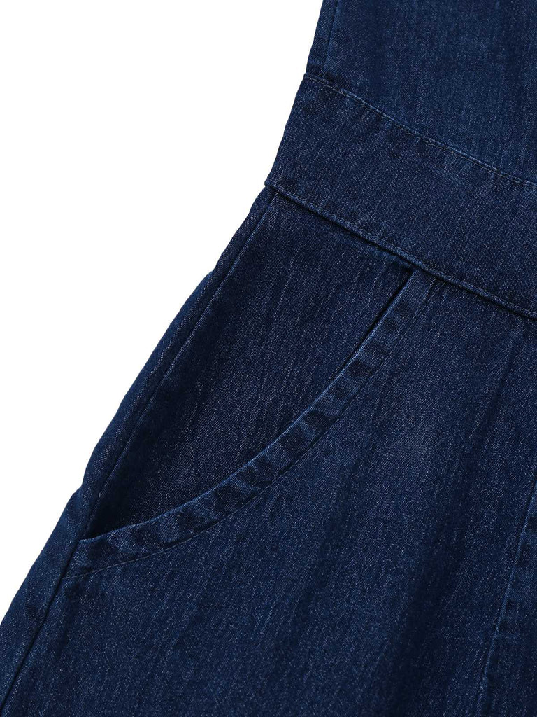 Blue 1970s Pockets Sleeveless A-Line Denim Dress - vintage dress, retro fashion