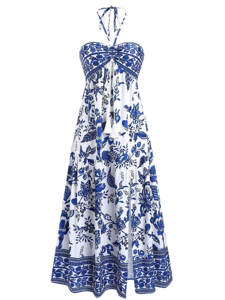 boho blue and white dress Blue & White Paisley Boho Puff Sleeve Mini Dress