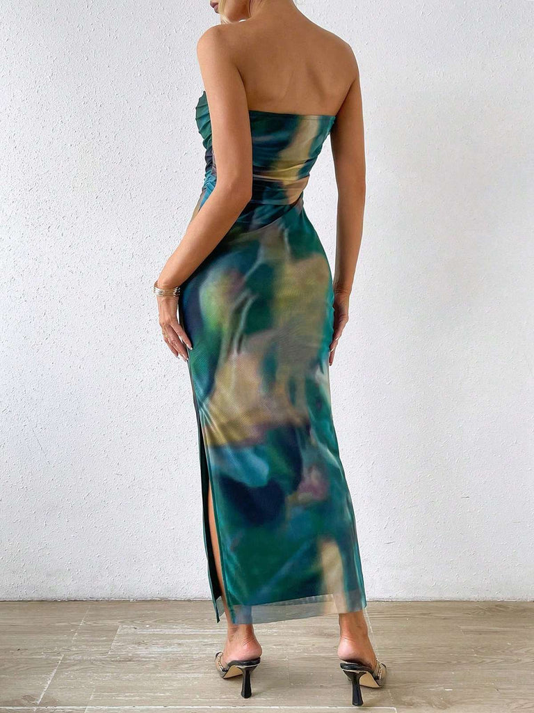 Blue 1970s Psychedelic Print Bandeau Bodycon Dress: where 1970s romance meets her modern spirit