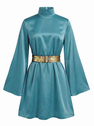 Teal dress with a gold belt on a white background