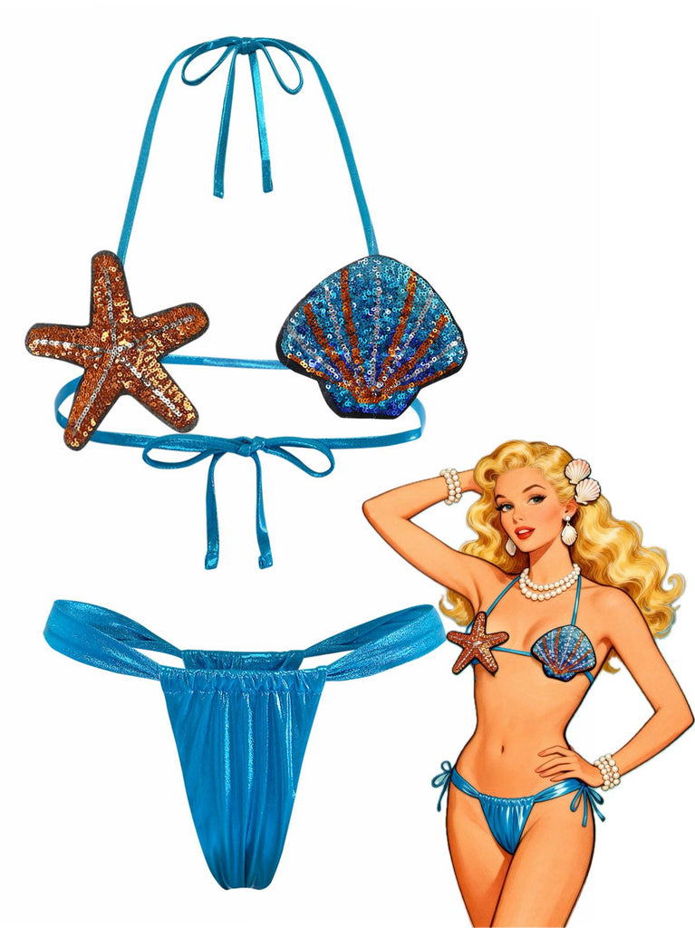 Blue 1970s Shell & Starfish Bikini Set - vintage fashion, retro style