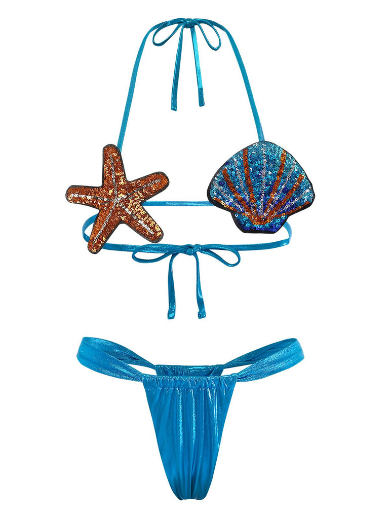 Blue 1970s Shell & Starfish Bikini Set - vintage fashion, retro style