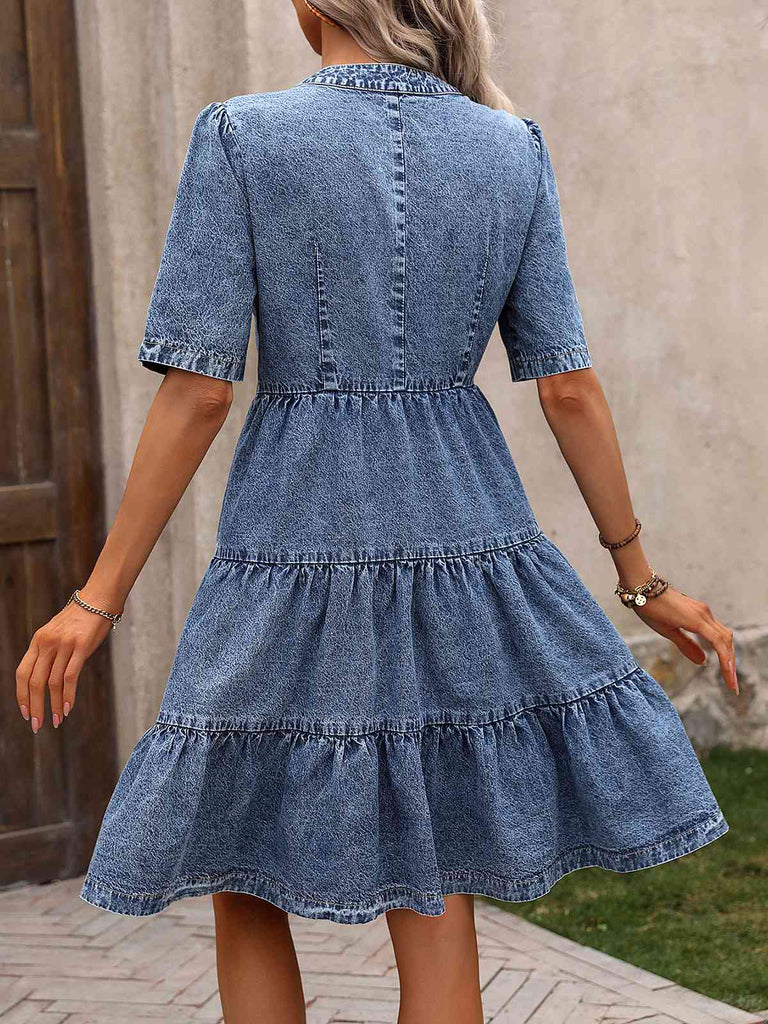 Retro Stage Denim V-Neck Half Sleeves Swing Dress Retro Stage Denim V-Neck Half Sleeves Swing Dress