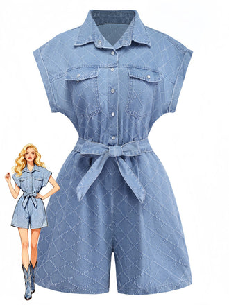Blue 1980s Denim Button-Down Utility Romper - vintage jumpsuit, retro fashion