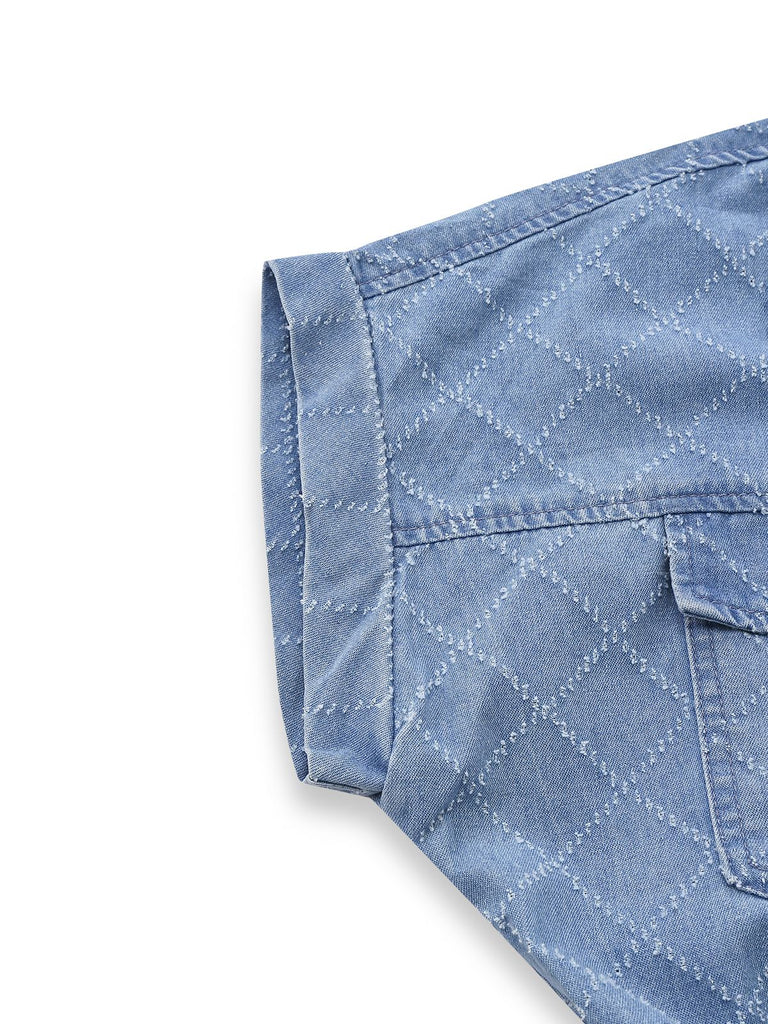Blue 1980s Denim Button-Down Utility Romper - vintage jumpsuit, retro fashion