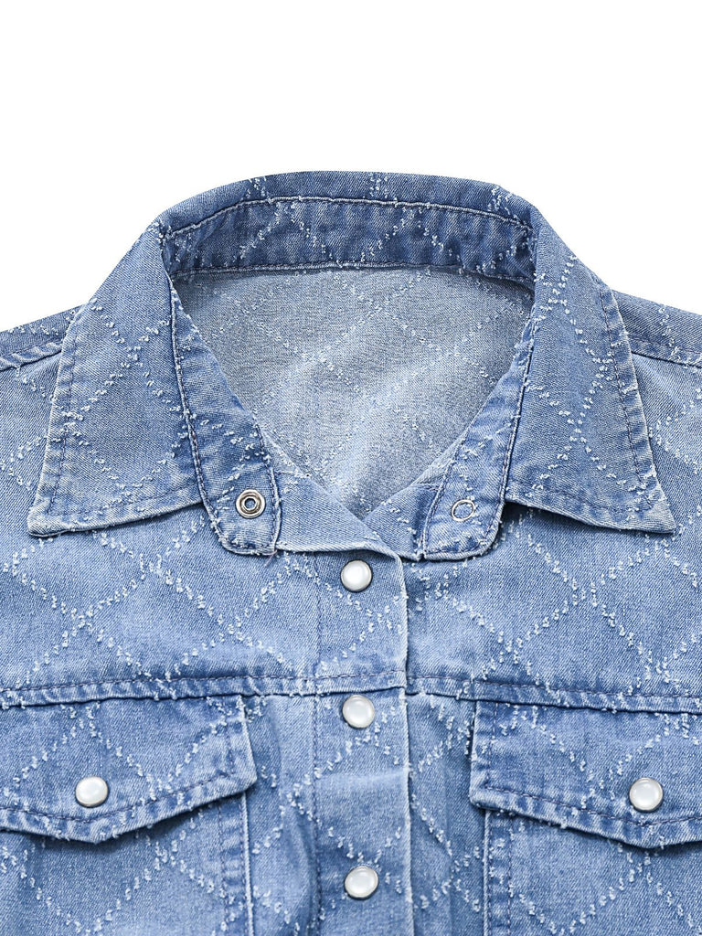 Blue 1980s Denim Button-Down Utility Romper - vintage jumpsuit, retro fashion