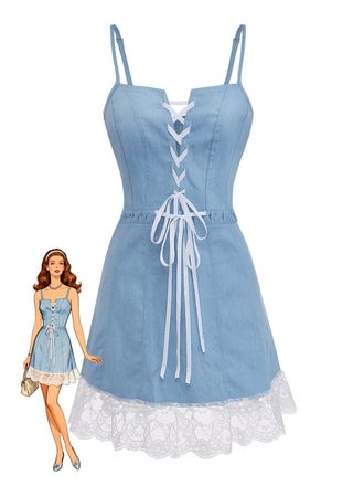 Blue 1980s Denim Spaghetti Strap Lace Hem Corset Dress, vintage dress, retro fashion, lace detail - perfect for women who love vintage and retro fashion