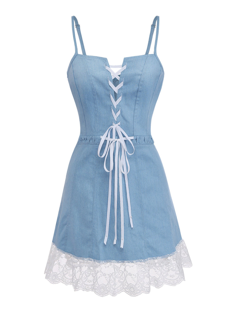 Blue 1980s Denim Spaghetti Strap Lace Hem Corset Dress | Retro Stage Blue 1980s Denim Spaghetti Strap Lace Hem Corset Dress | Retro Stage