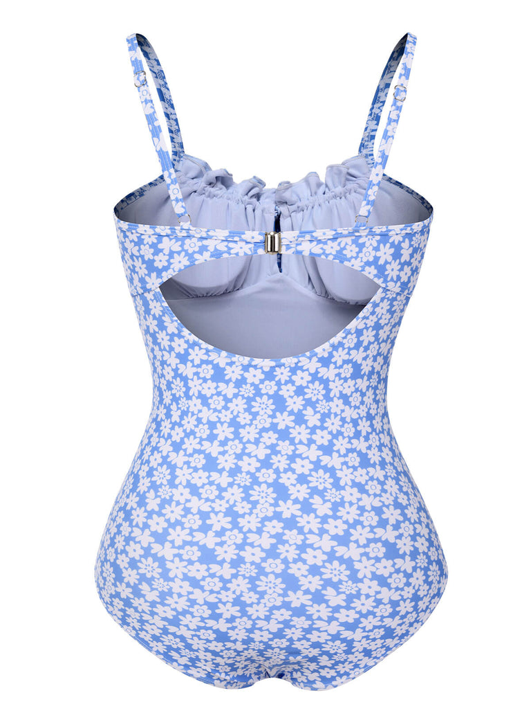 Blue 1980s Ditsy Floral Strap Swimsuit | Retro Stage