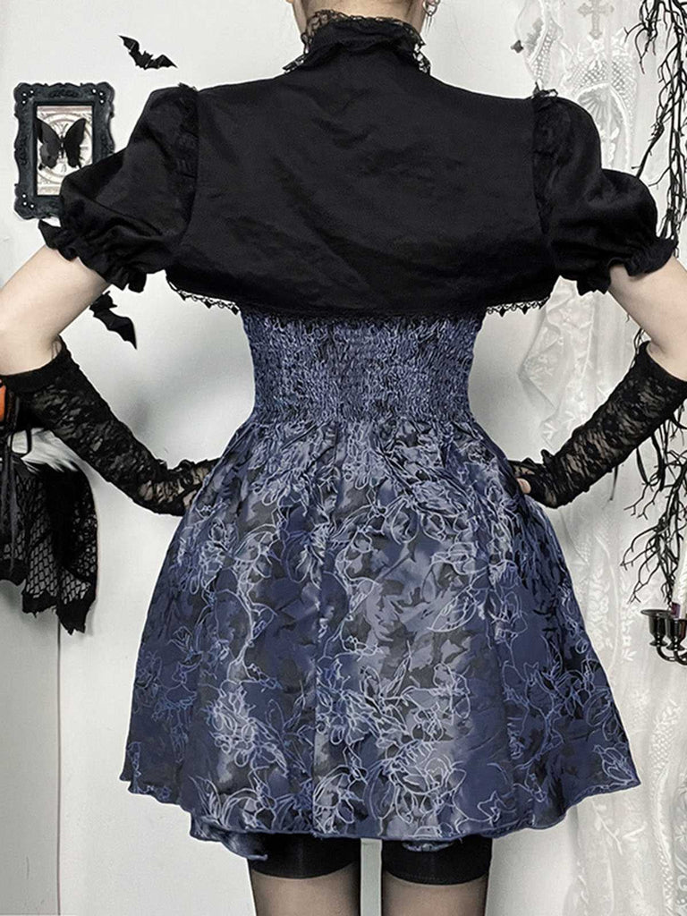 Blue 1980s Gothic Steampunk Floral Print Lace Patchwork Bubble Dress, vintage dress, retro fashion, floral print, lace detail - perfect for women who love vintage and retro fashion