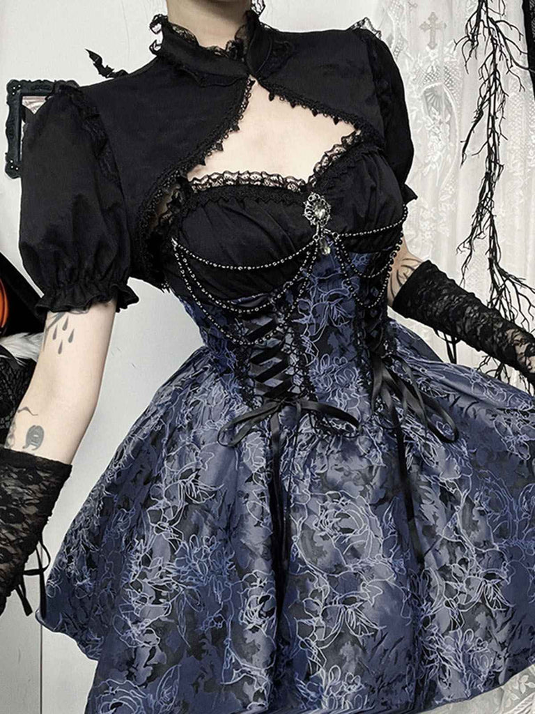 Blue 1980s Gothic Steampunk Floral Print Lace Patchwork Bubble Dress, vintage dress, retro fashion, floral print, lace detail - perfect for women who love vintage and retro fashion