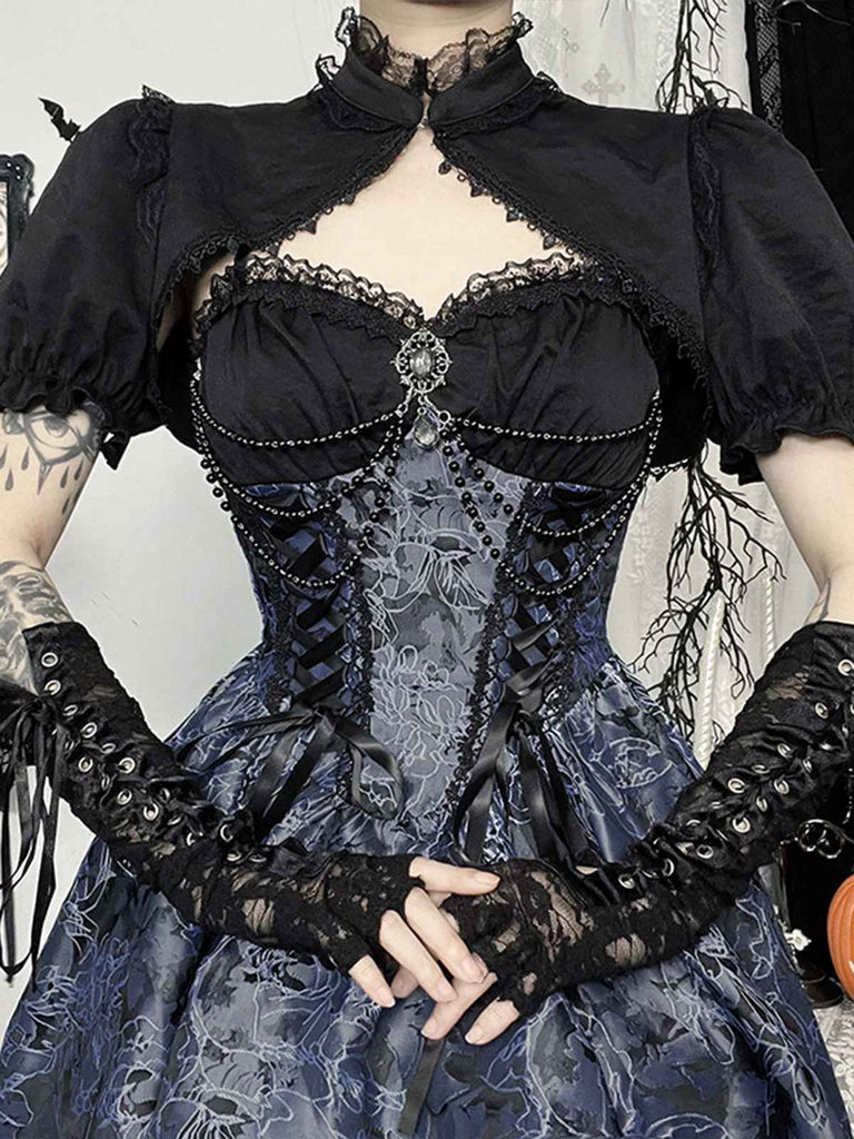 Blue 1980s Gothic Steampunk Floral Print Lace Patchwork Bubble Dress, vintage dress, retro fashion, floral print, lace detail - perfect for women who love vintage and retro fashion