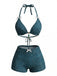 Blue 1980s Halter Beaded Denim Bow Bikini Set, vintage swimsuit, pin-up swimwear - perfect for women who love vintage and retro fashion