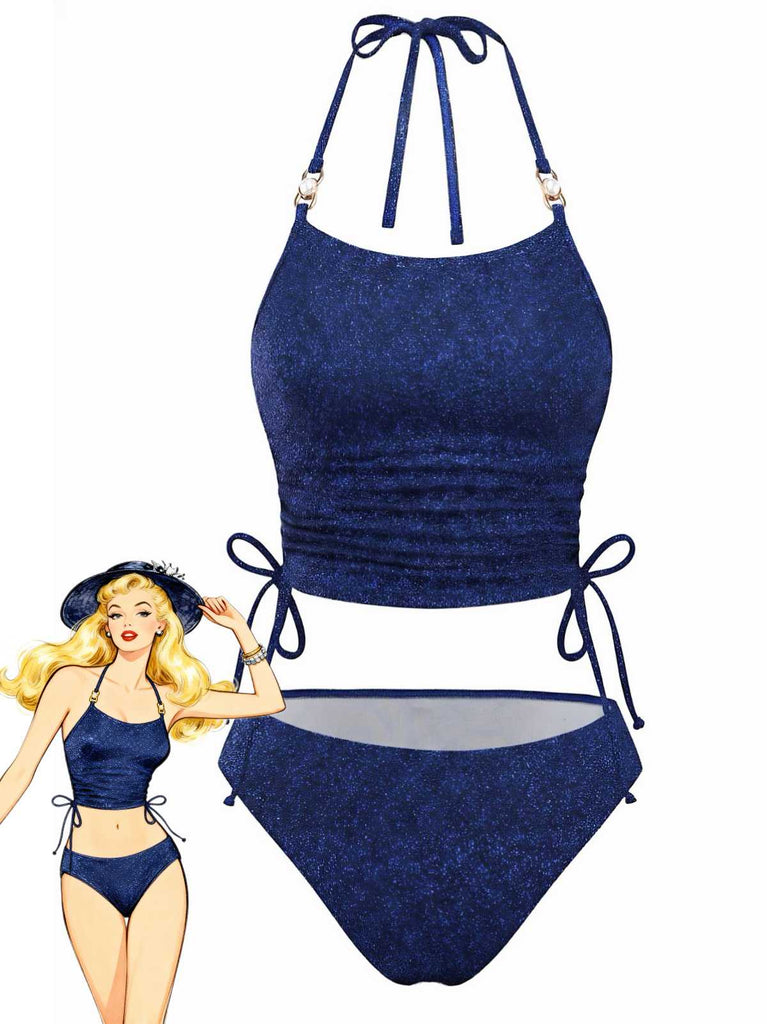 Blue 1980s Halter Pearl Sequin Shimmer Tankini Set - vintage fashion, retro style, classic elegance for vintage lovers