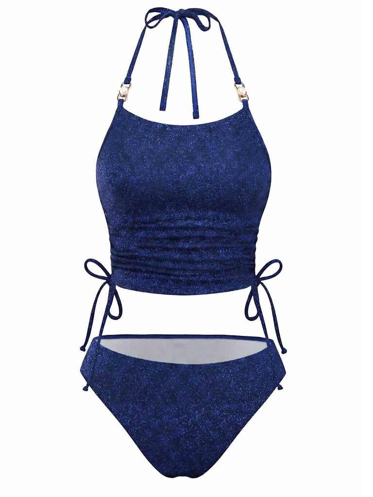 Blue 1980s Halter Pearl Sequin Shimmer Tankini Set: beautiful vintage fashion, retro style, classic elegance with timeless appeal