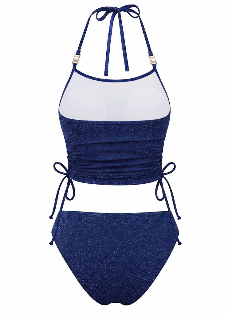 Blue 1980s Halter Pearl Sequin Shimmer Tankini Set | vintage fashion, retro style, classic elegance - perfect for retro fashion enthusiasts