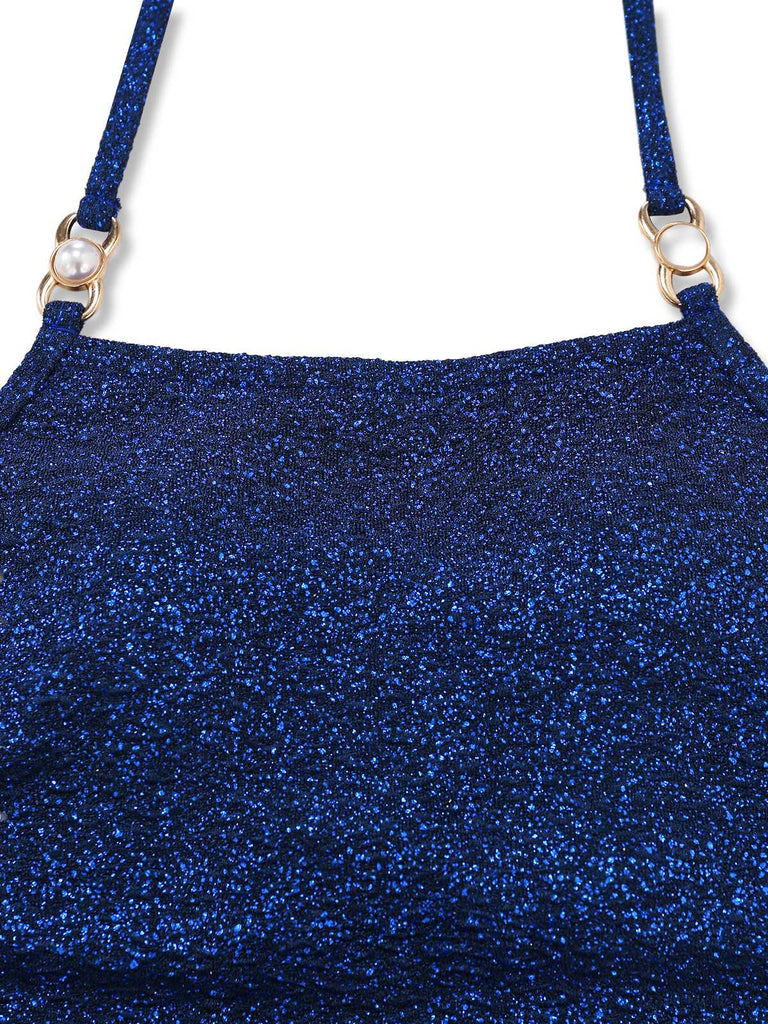 Blue 1980s Halter Pearl Sequin Shimmer Tankini Set - vintage fashion, retro style, classic elegance for vintage lovers