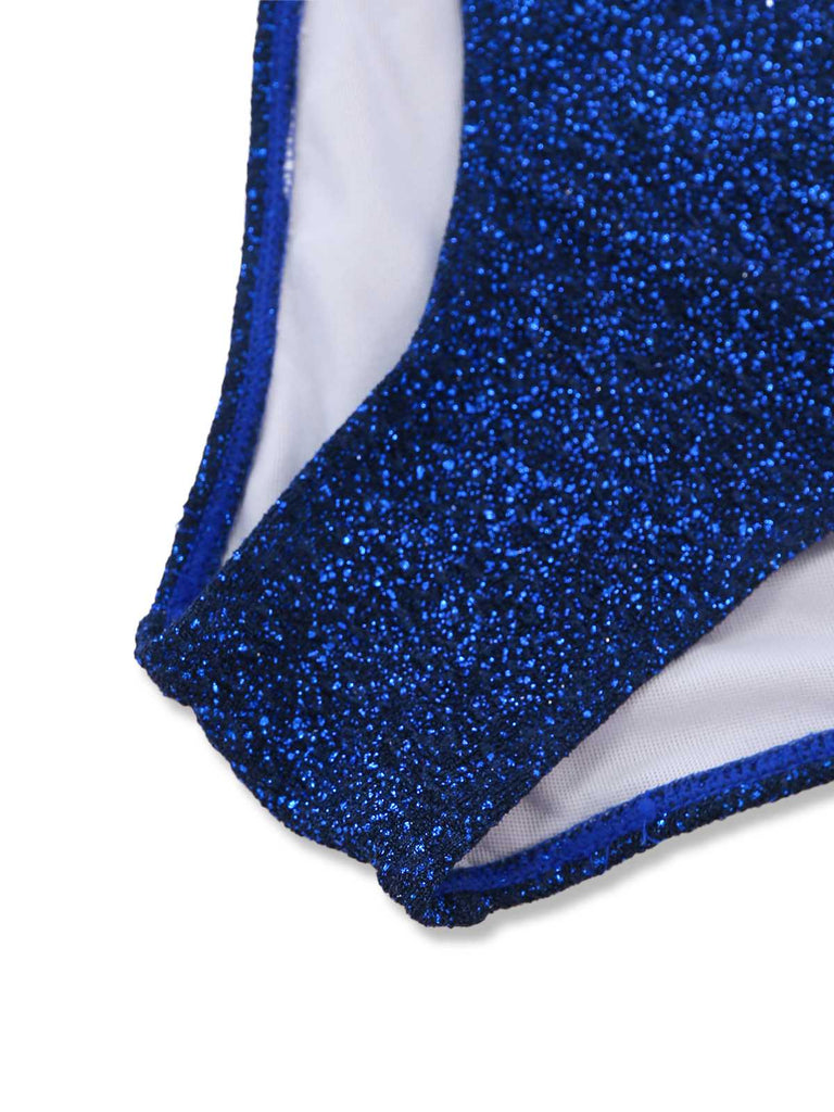 Blue 1980s Halter Pearl Sequin Shimmer Tankini Set | vintage fashion, retro style, classic elegance - perfect for retro fashion enthusiasts