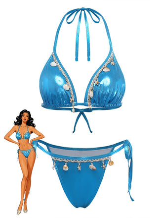 Blue 1980s Metallic Shell Halter Bikini Set - vintage fashion, retro style