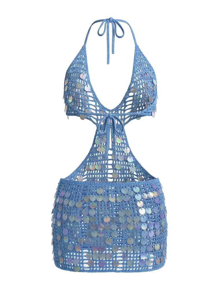 Blue 1980s Sequin Deep V-Neck Backless Beach Cover Up | vintage fashion, retro style, classic elegance - perfect for retro fashion enthusiasts