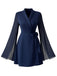 Blue 1980s Solid Slit Mesh Sleeves Bow Lapel Dress - vintage dress, retro fashion