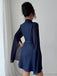 Blue 1980s Solid Slit Mesh Sleeves Bow Lapel Dress - vintage dress, retro fashion