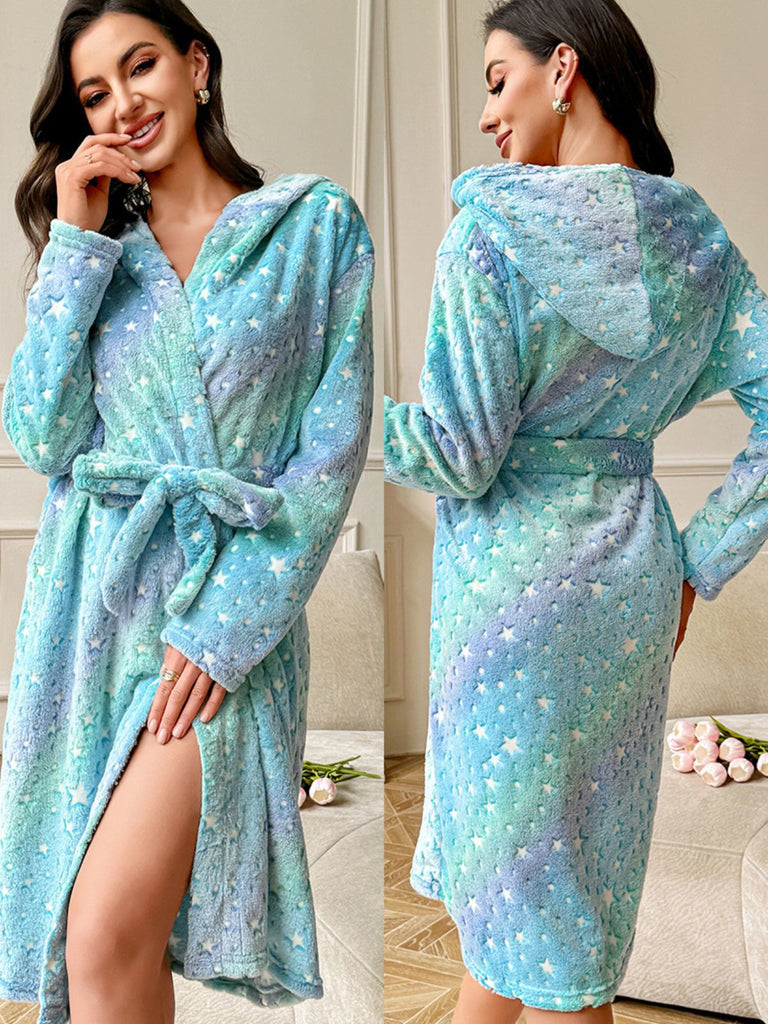Blue Star Robe Blue 1980s Star Print Hooded Fleece Robe | Retro Stage
