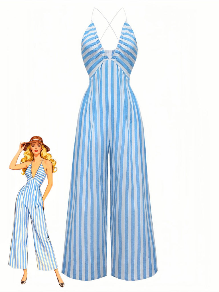 Blue 1980s Striped Deep V Spaghetti Strap Jumpsuit - vintage jumpsuit, retro fashion