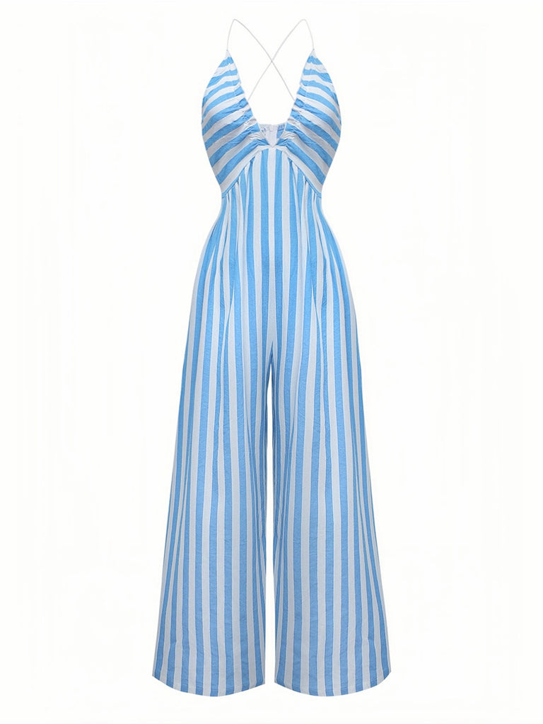 Blue 1980s Striped Deep V Spaghetti Strap Jumpsuit - vintage jumpsuit, retro fashion