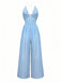 Blue 1980s Striped Deep V Spaghetti Strap Jumpsuit - vintage jumpsuit, retro fashion