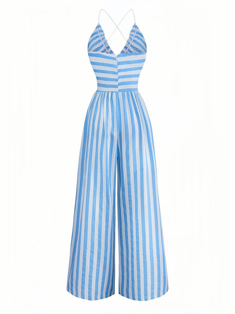 Blue 1980s Striped Deep V Spaghetti Strap Jumpsuit - vintage jumpsuit, retro fashion