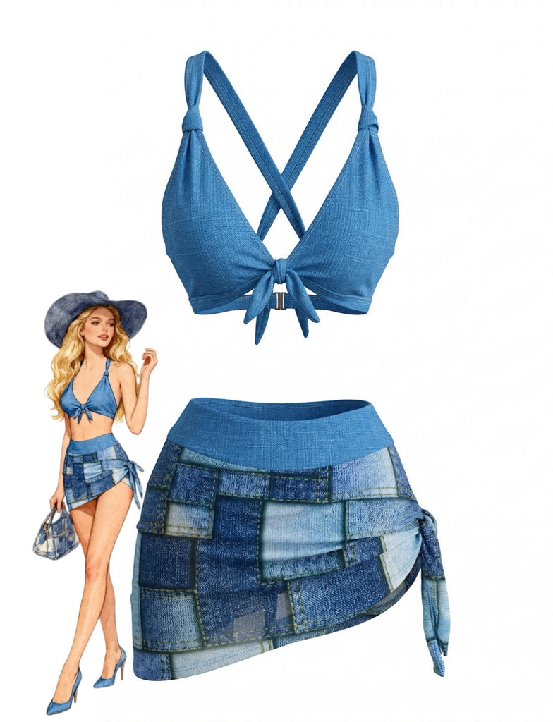 Blue Denim Vintage Halter Tankini Set - vintage fashion, retro style