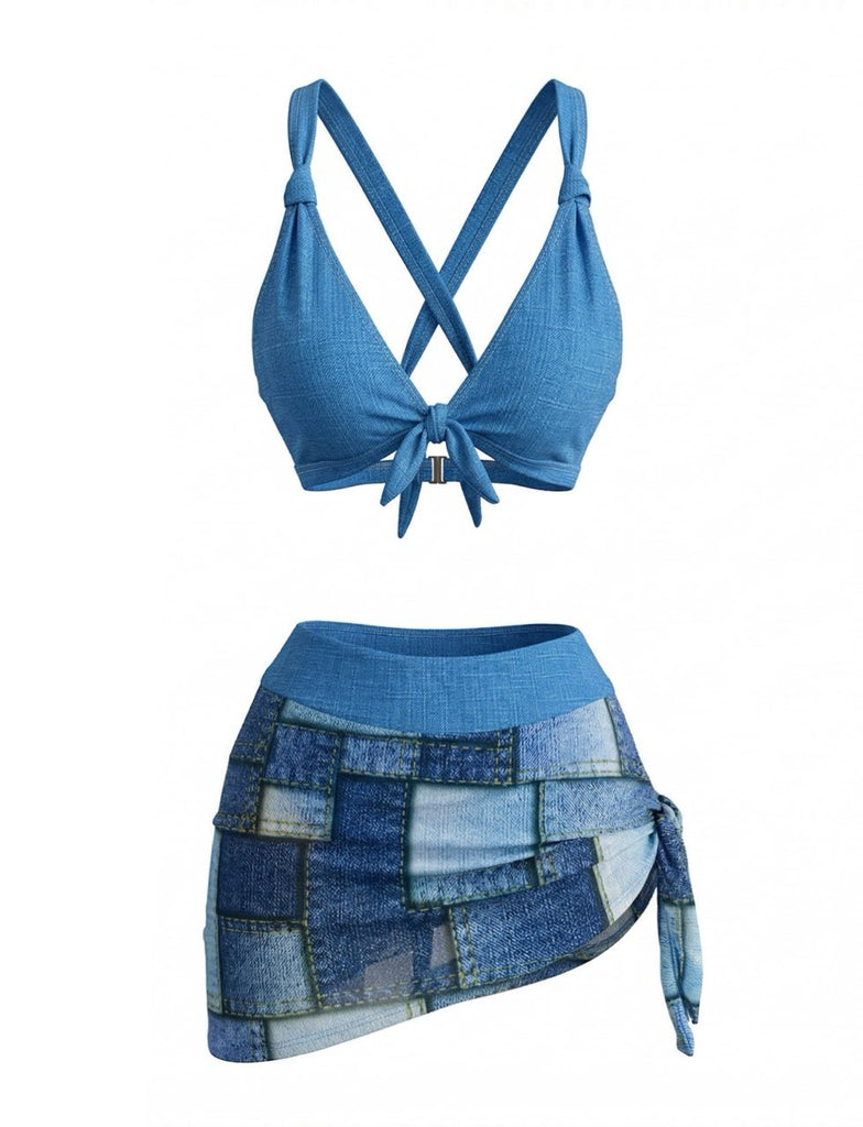 Blue Denim Vintage Halter Tankini Set - vintage fashion, retro style