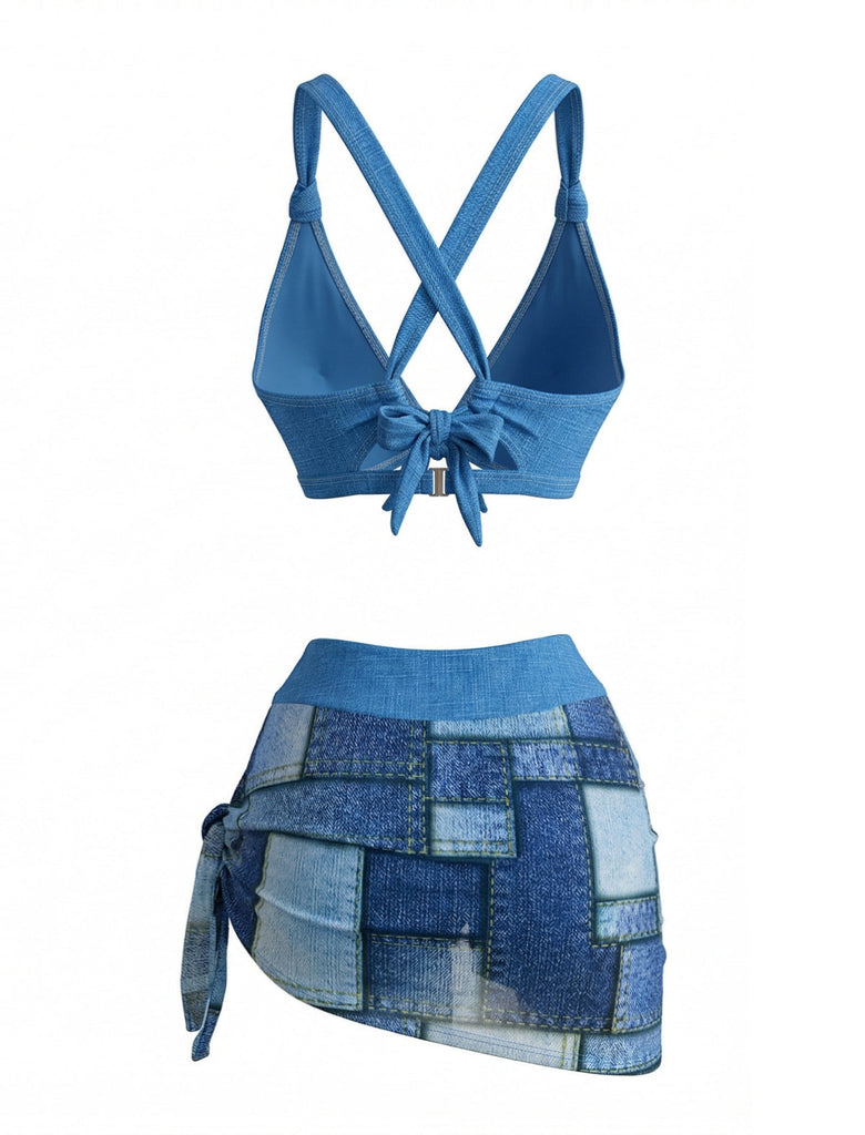 Blue Denim Vintage Halter Tankini Set - vintage fashion, retro style